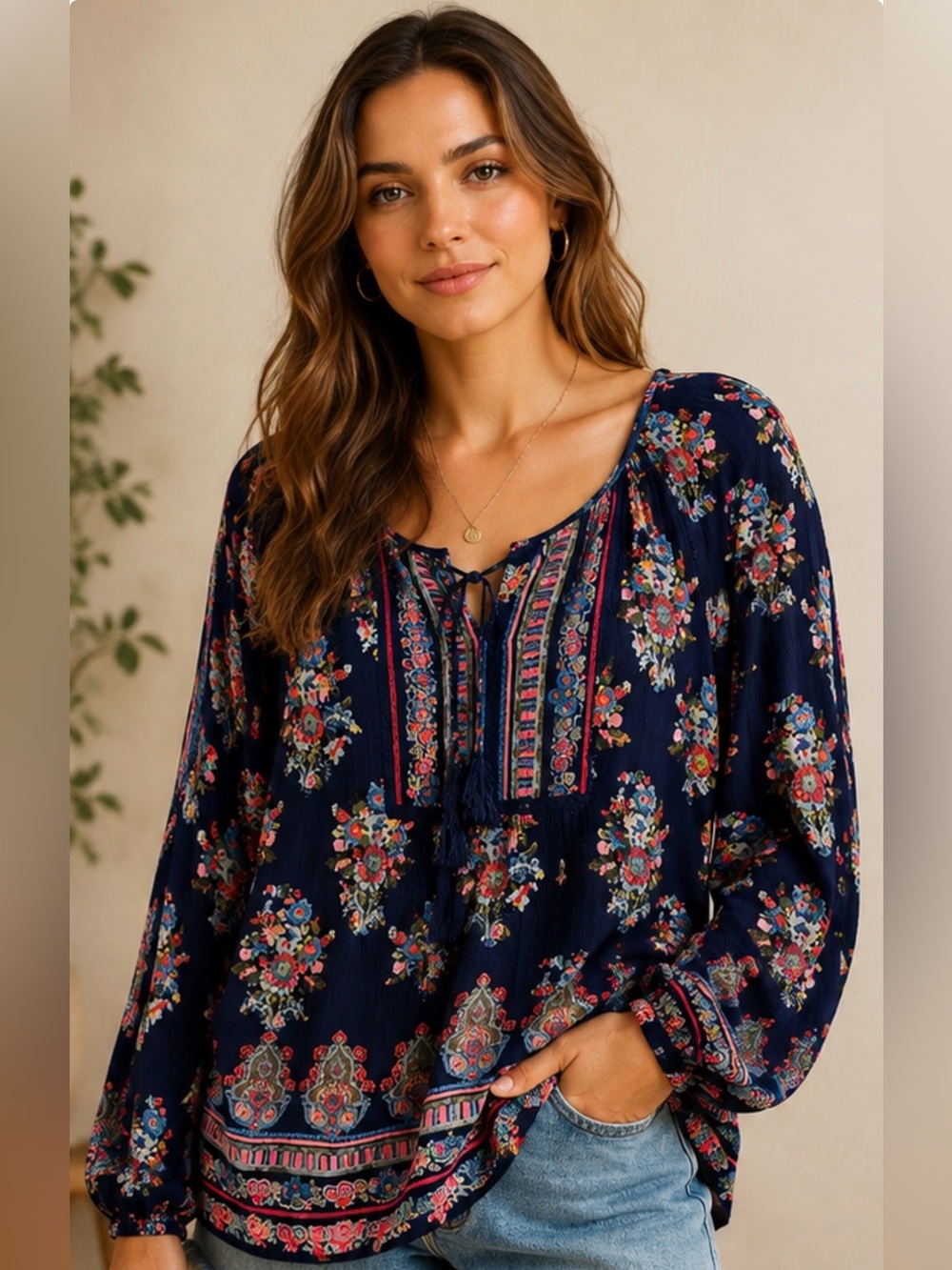Romantic Navy Boho Floral Tassel Blouse Cottagecore Folk Print Peasant Top XL